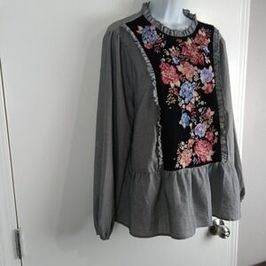 Savanna Jane Top Womens Large Gray Striped Floral Embroidered Peplum Boho Blouse